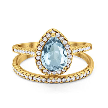 14K Yellow Gold 1.62ct Pear 8mmx6mm G SI Natural Aquamarine Diamond Bridal Engagement Wedding Ring Size 6.5